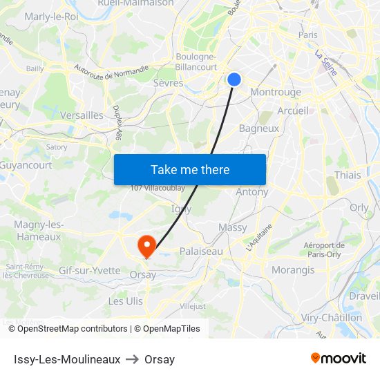 Issy-Les-Moulineaux to Orsay map