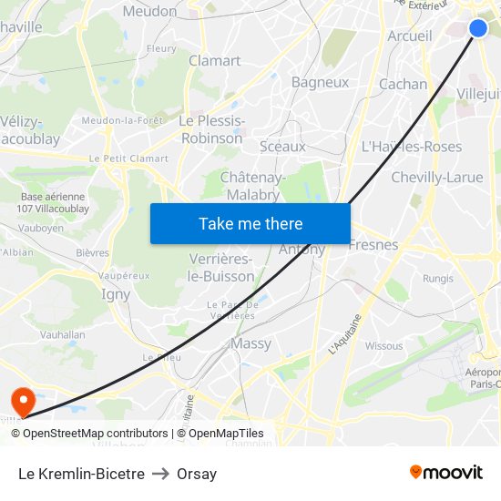 Le Kremlin-Bicetre to Orsay map