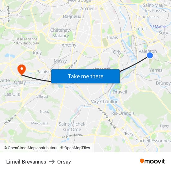 Limeil-Brevannes to Orsay map