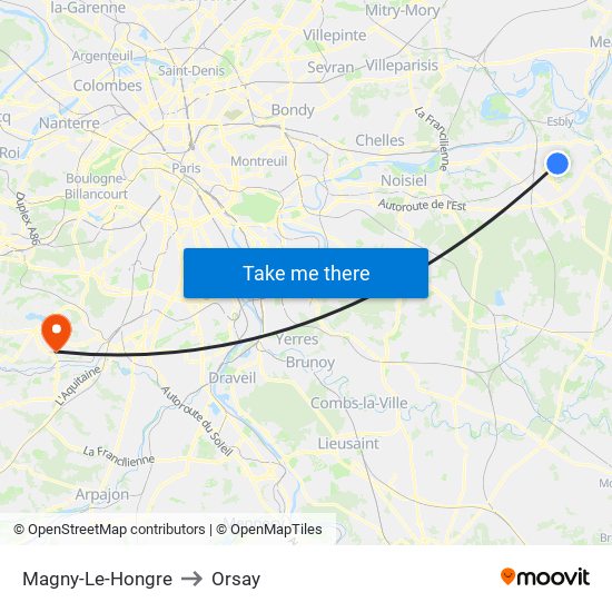 Magny-Le-Hongre to Orsay map