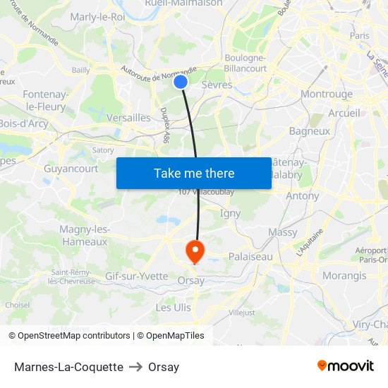 Marnes-La-Coquette to Orsay map