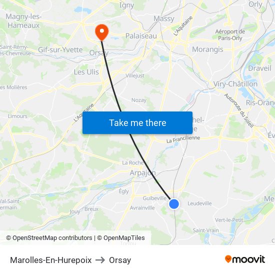 Marolles-En-Hurepoix to Orsay map