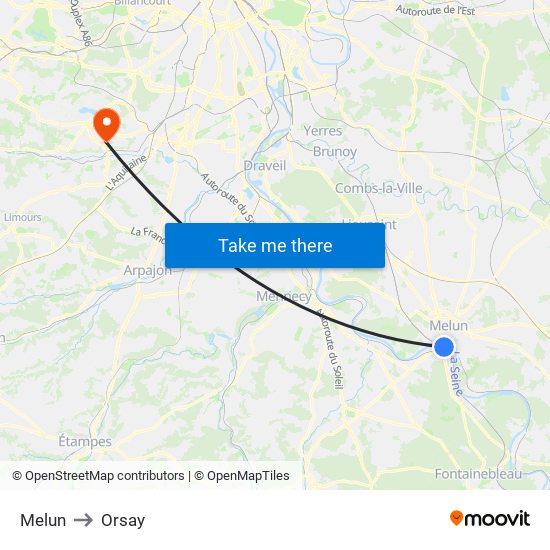 Melun to Orsay map