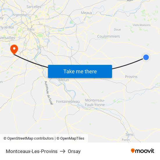 Montceaux-Les-Provins to Orsay map