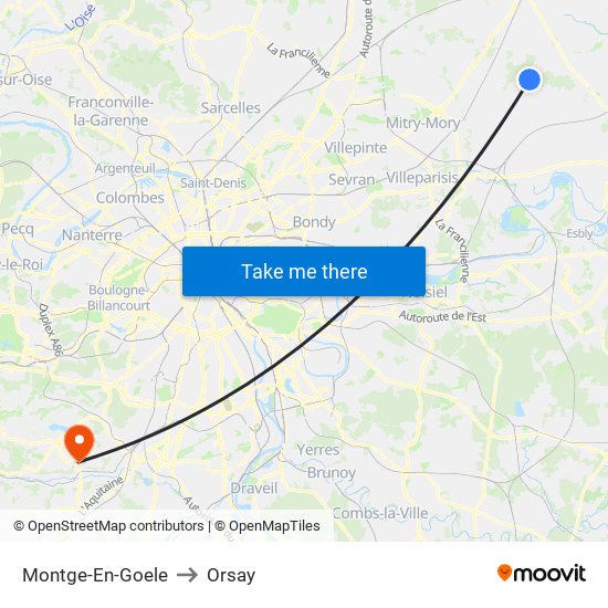 Montge-En-Goele to Orsay map