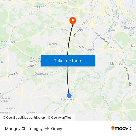 Morigny-Champigny to Orsay map