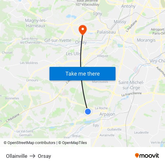 Ollainville to Orsay map