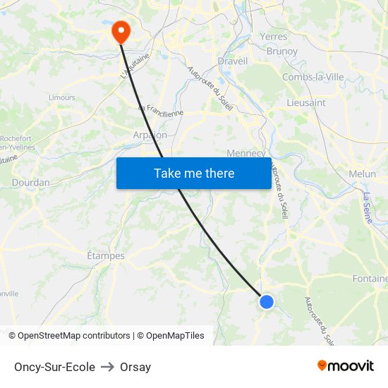 Oncy-Sur-Ecole to Orsay map