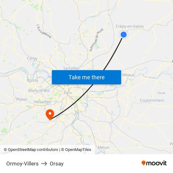 Ormoy-Villers to Orsay map