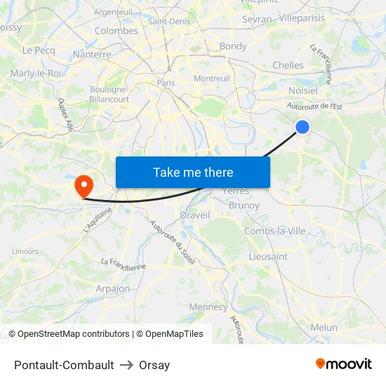 Pontault-Combault to Orsay map