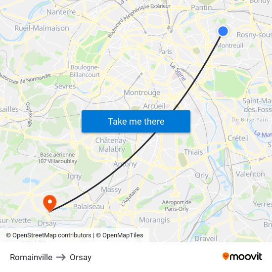 Romainville to Orsay map