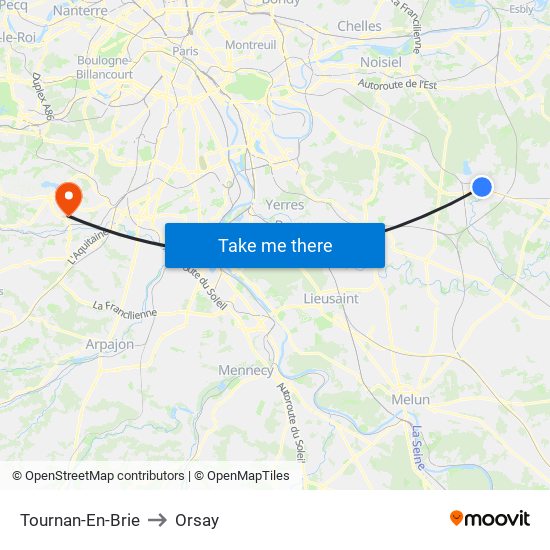 Tournan-En-Brie to Orsay map
