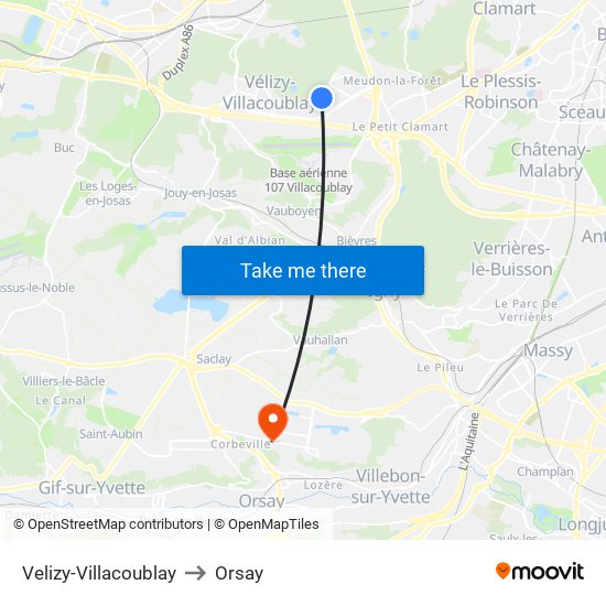 Velizy-Villacoublay to Orsay map