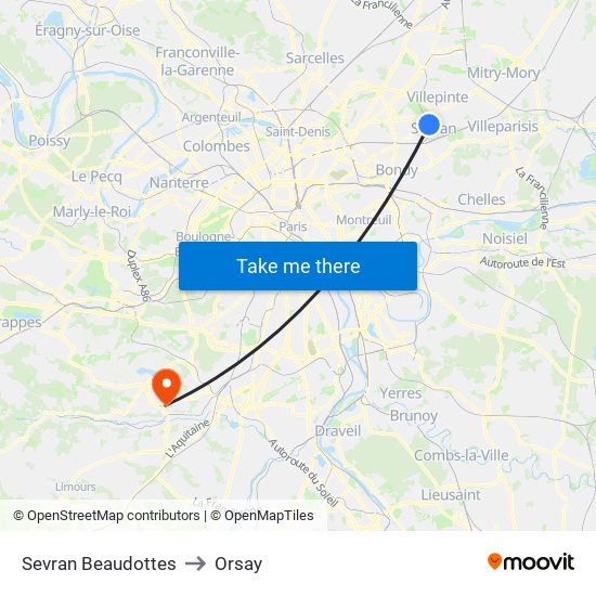 Sevran Beaudottes to Orsay map