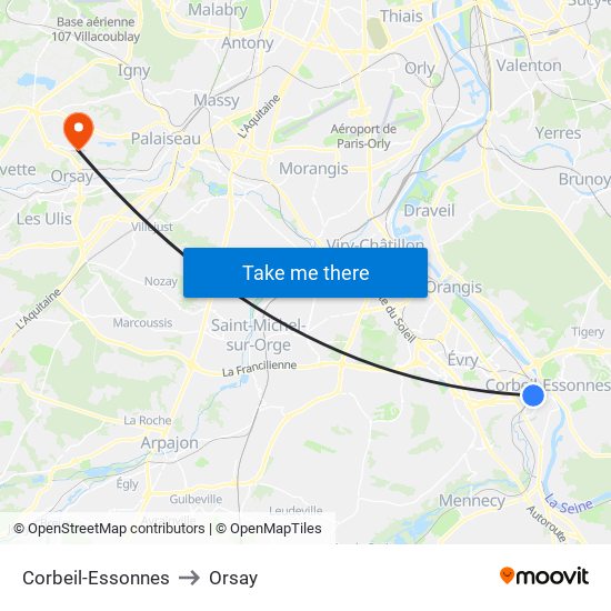 Corbeil-Essonnes to Orsay map