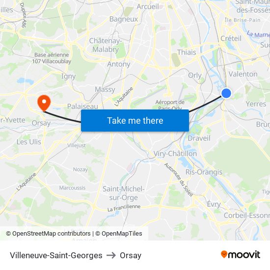 Villeneuve-Saint-Georges to Orsay map