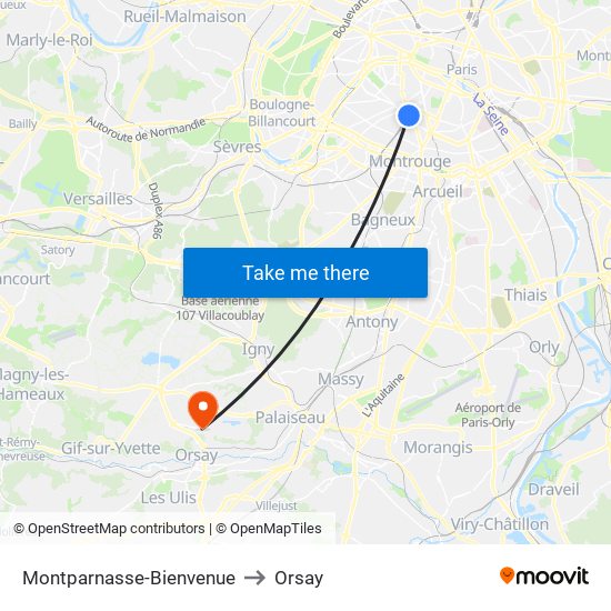 Montparnasse-Bienvenue to Orsay map