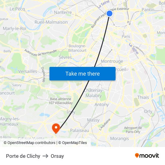 Porte de Clichy to Orsay map