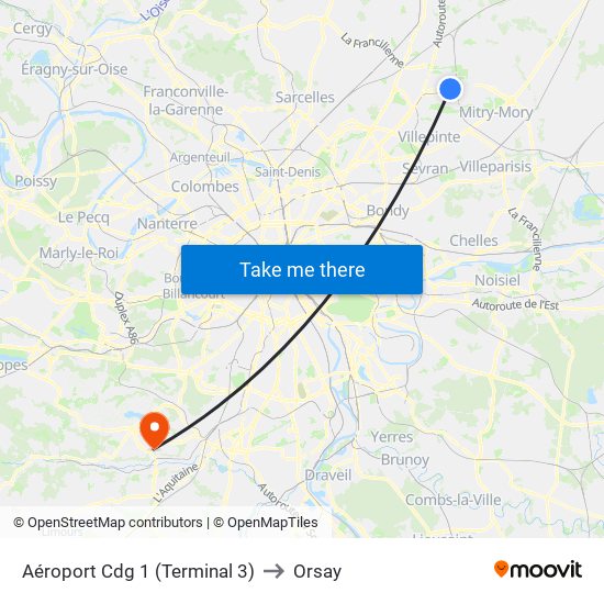 Aéroport Cdg 1 (Terminal 3) to Orsay map