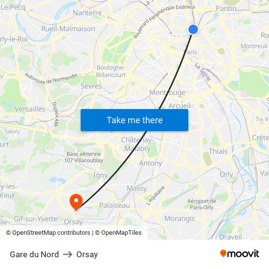 Gare du Nord to Orsay map