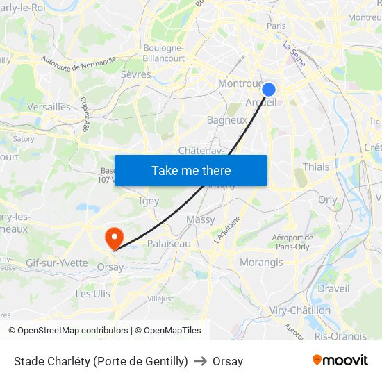 Stade Charléty (Porte de Gentilly) to Orsay map