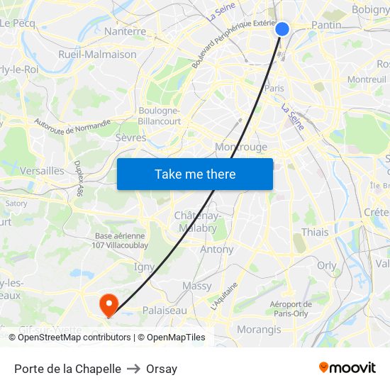 Porte de la Chapelle to Orsay map