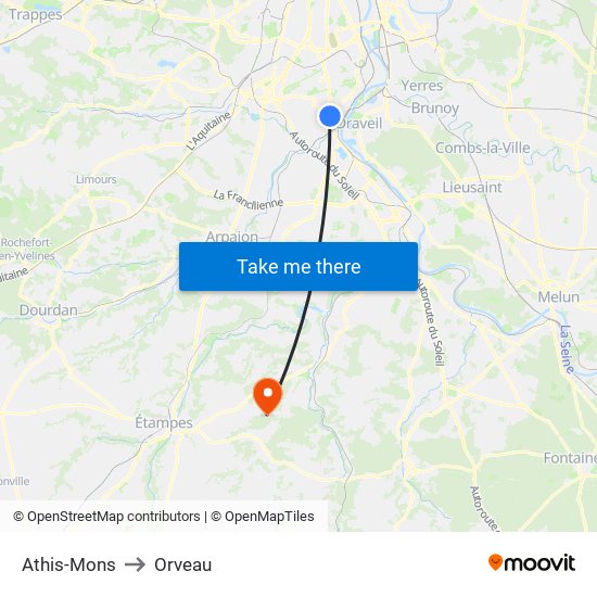 Athis-Mons to Orveau map