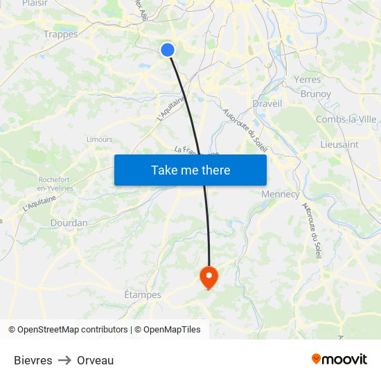 Bievres to Orveau map