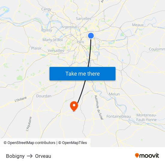 Bobigny to Orveau map