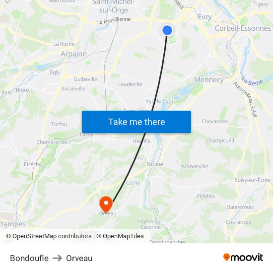 Bondoufle to Orveau map