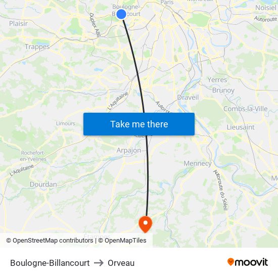 Boulogne-Billancourt to Orveau map