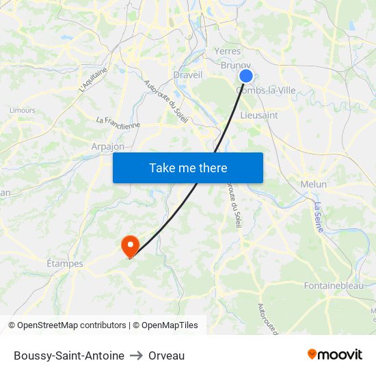 Boussy-Saint-Antoine to Orveau map