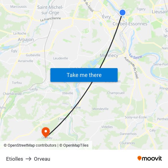 Etiolles to Orveau map
