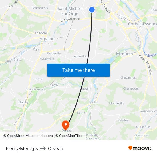 Fleury-Merogis to Orveau map