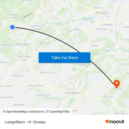 Longvilliers to Orveau map