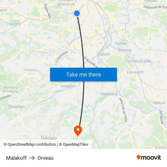 Malakoff to Orveau map