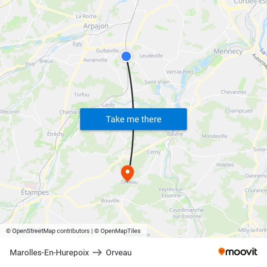 Marolles-En-Hurepoix to Orveau map