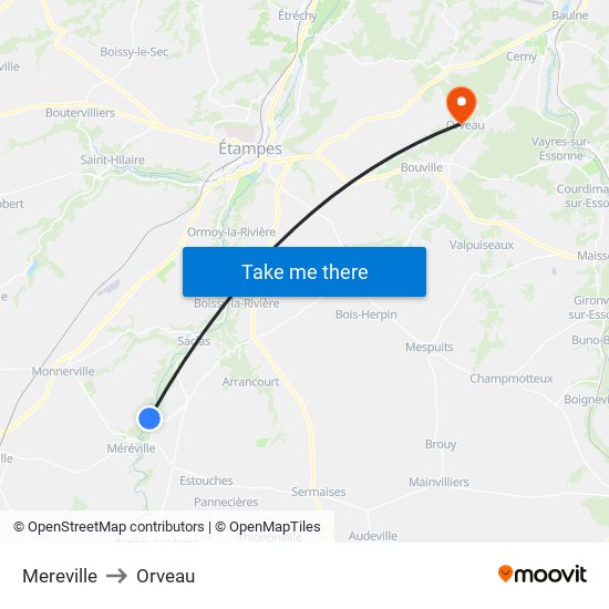 Mereville to Orveau map