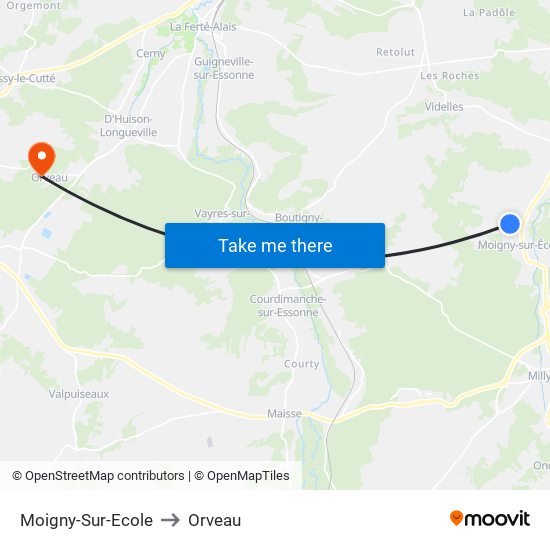 Moigny-Sur-Ecole to Orveau map