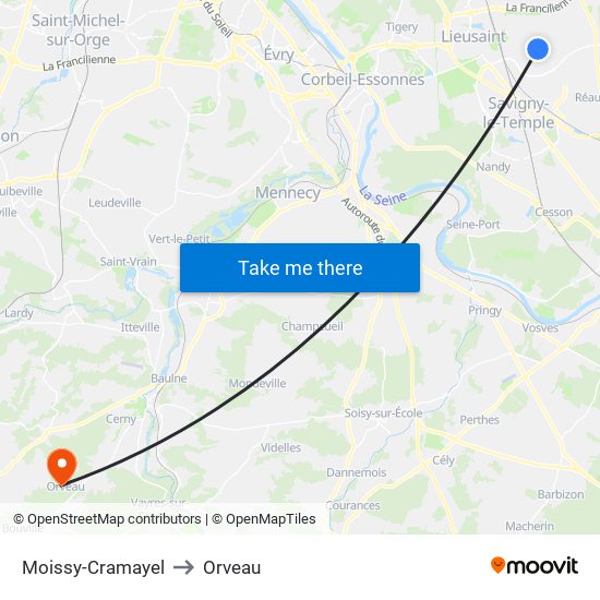 Moissy-Cramayel to Orveau map