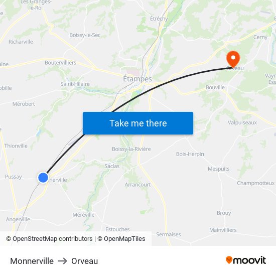 Monnerville to Orveau map
