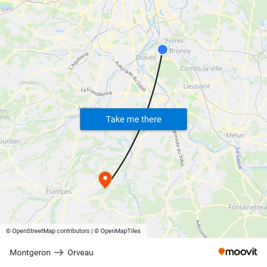 Montgeron to Orveau map