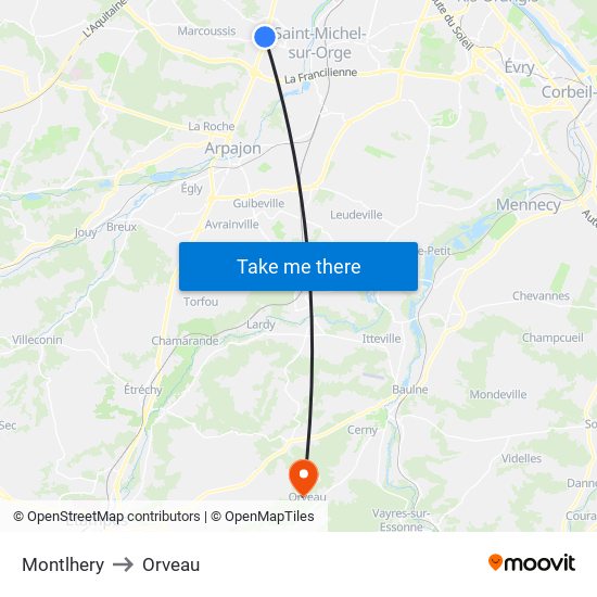 Montlhery to Orveau map