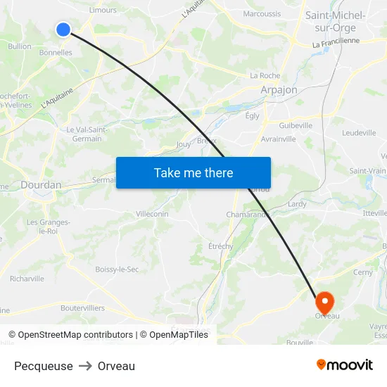 Pecqueuse to Orveau map