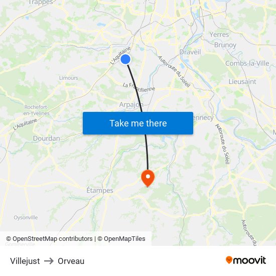 Villejust to Orveau map