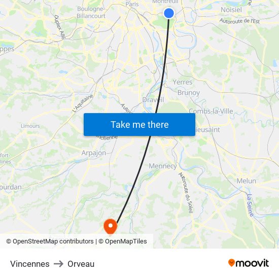 Vincennes to Orveau map