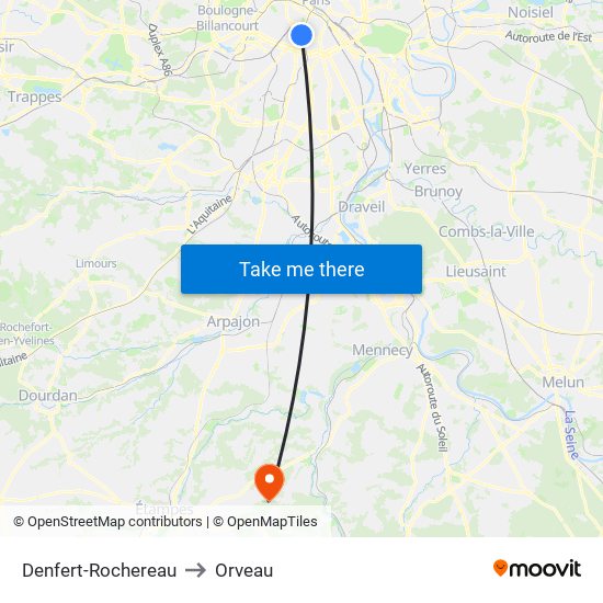 Denfert-Rochereau to Orveau map
