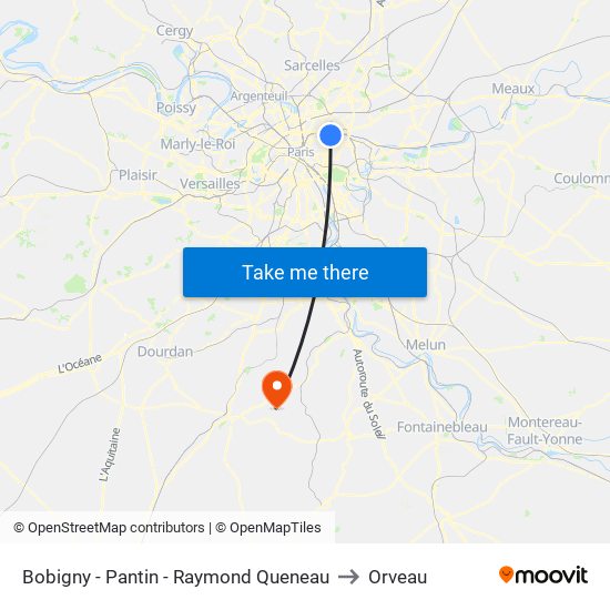 Bobigny - Pantin - Raymond Queneau to Orveau map