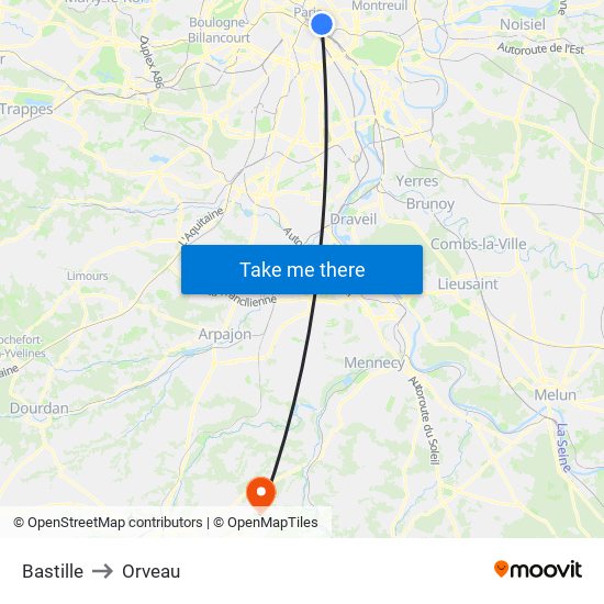 Bastille to Orveau map