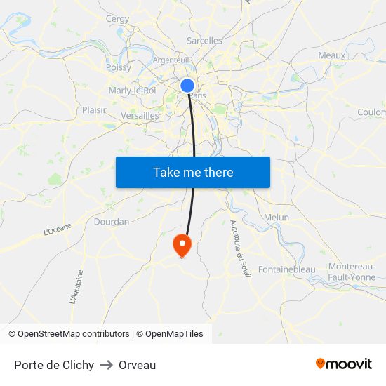Porte de Clichy to Orveau map